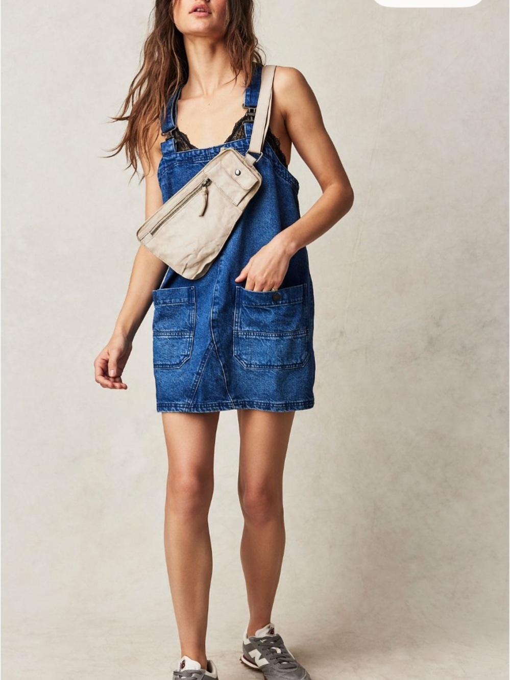 Free People Blue Denim Overall Mini Dress with Front Pockets